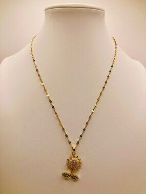 Gold Plated Stainless Steel Sunflower Pendant Necklace CZ -21B